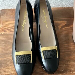 Salvatore Ferragamo Black Heels with Gold Buckle